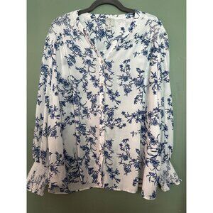 Joie Womens Blouse 1X White Navy Floral Cottagecore Feminine Elegant Long Sleeve